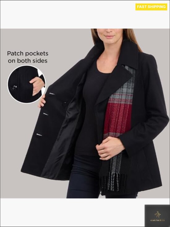 Plus Size Double Breasted Wool Blend Peacoat with Scarf Classic Elegant Formal - Picture 5 of 7